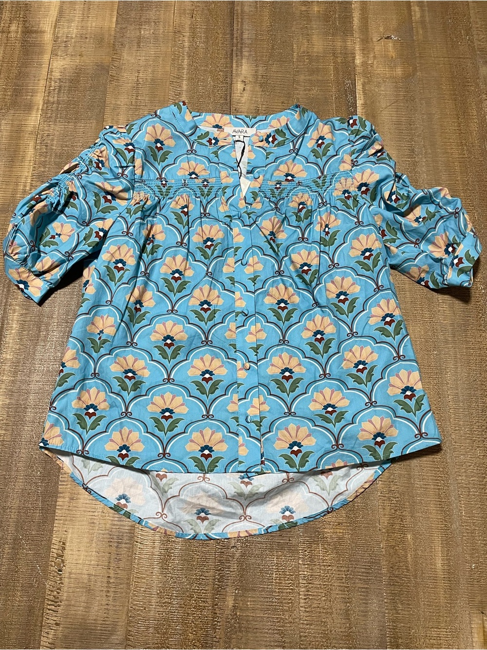Avara Blue Floral Print Peasant Blouse NWT